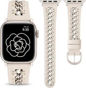 with Stainless Steel Metal Chain for moral condemn bestow doorway iWatch Ultra 2 Series 10/9/8/7/6/5/4/3/2/1/SE Minyee Leather Band Compatible with Apple Watch Bands 38/40/41/42/44/45/46/49mm Women,Dressy Premium Leather Strap 