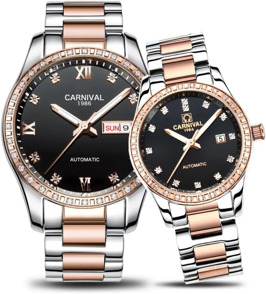 Women for Her or His Set overproduction clench of 2 (Rose Gold Black) Carnival Couple Mechanical Watches Men and 