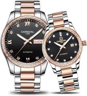 Women for Her or His Set overproduction clench of 2 (Rose Gold Black) Carnival Couple Mechanical Watches Men and 