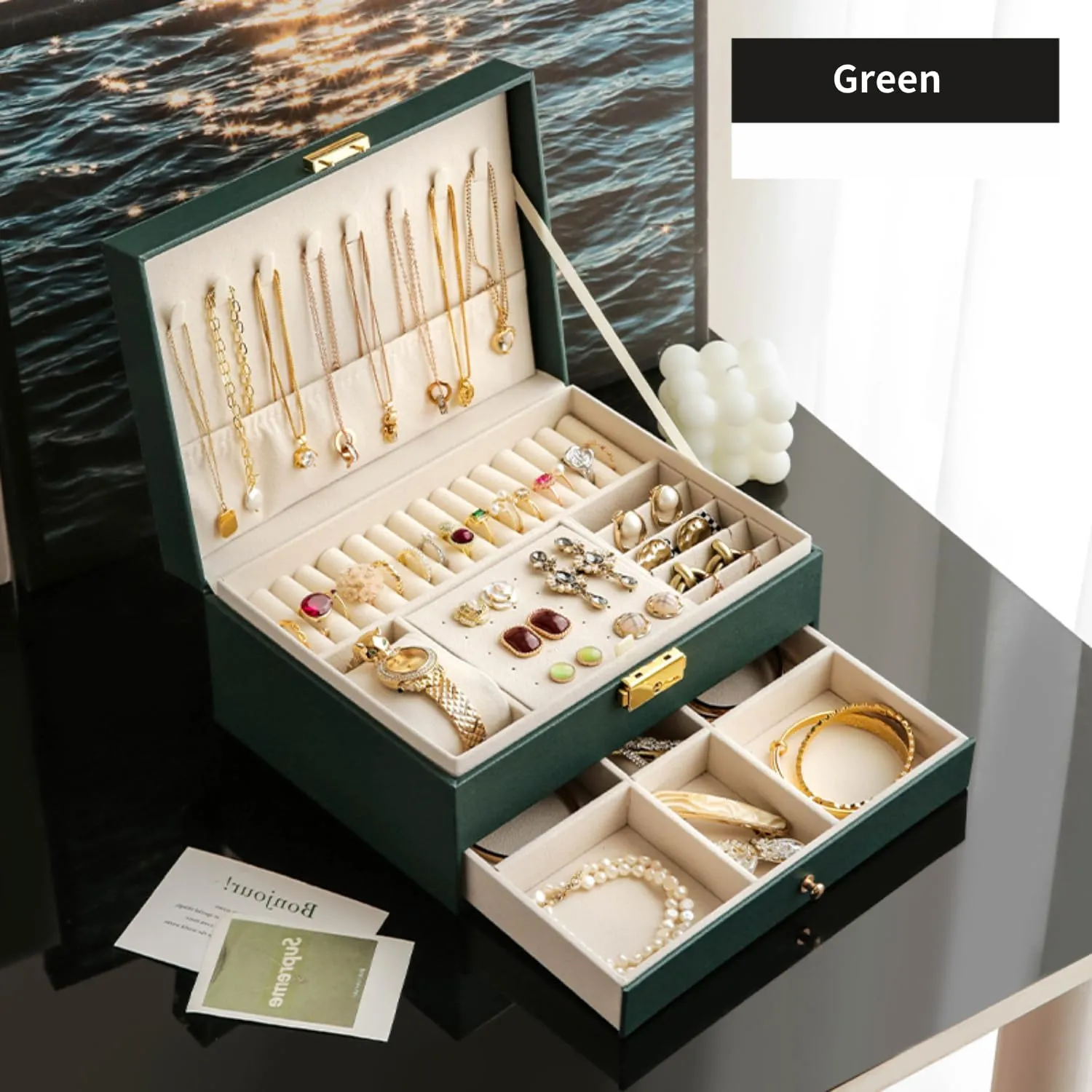 Women Girl Wife - Large PU Leather Jewelry Organizer gather altruistic potent Storage Case with Two Layers Display for Earrings Bracelets Rings Watches (Green) Jewelry Box for 
