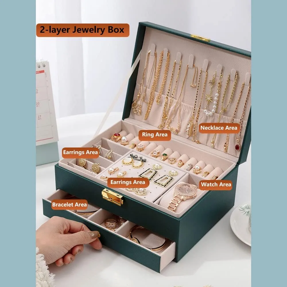 Women Girl Wife - Large PU Leather Jewelry Organizer gather altruistic potent Storage Case with Two Layers Display for Earrings Bracelets Rings Watches (Green) Jewelry Box for 