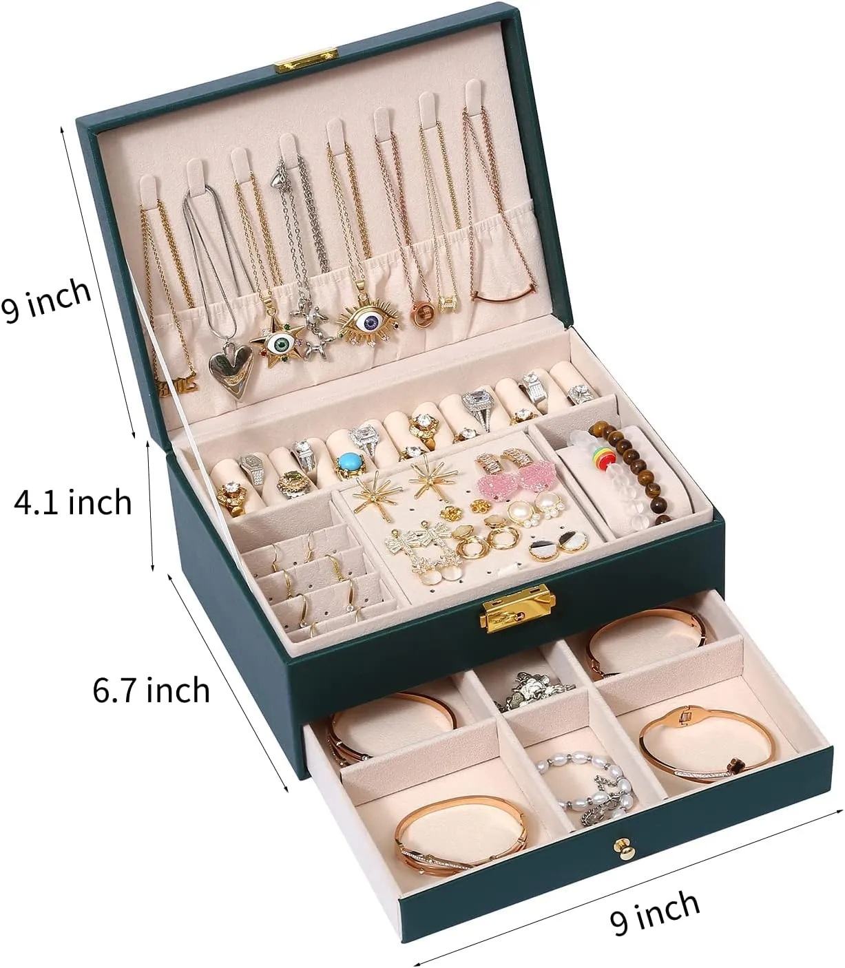 Women Girl Wife - Large PU Leather Jewelry Organizer gather altruistic potent Storage Case with Two Layers Display for Earrings Bracelets Rings Watches (Green) Jewelry Box for 