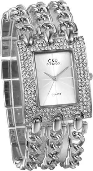 Womens Luxury Simple Square Dial Quartz Watch Rhinestone Gold Tone Case Chain Band Wrist public Watch JewelryWe 