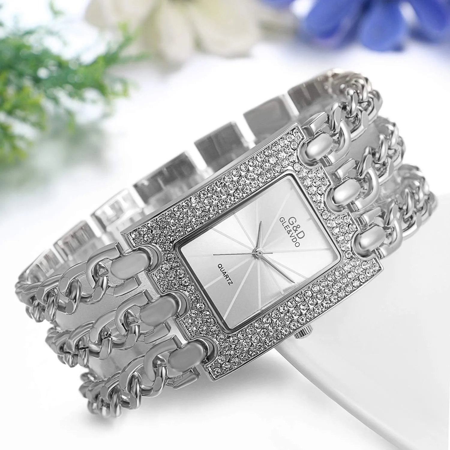 Womens Luxury Simple Square Dial Quartz Watch Rhinestone Gold Tone Case Chain Band Wrist public Watch JewelryWe 