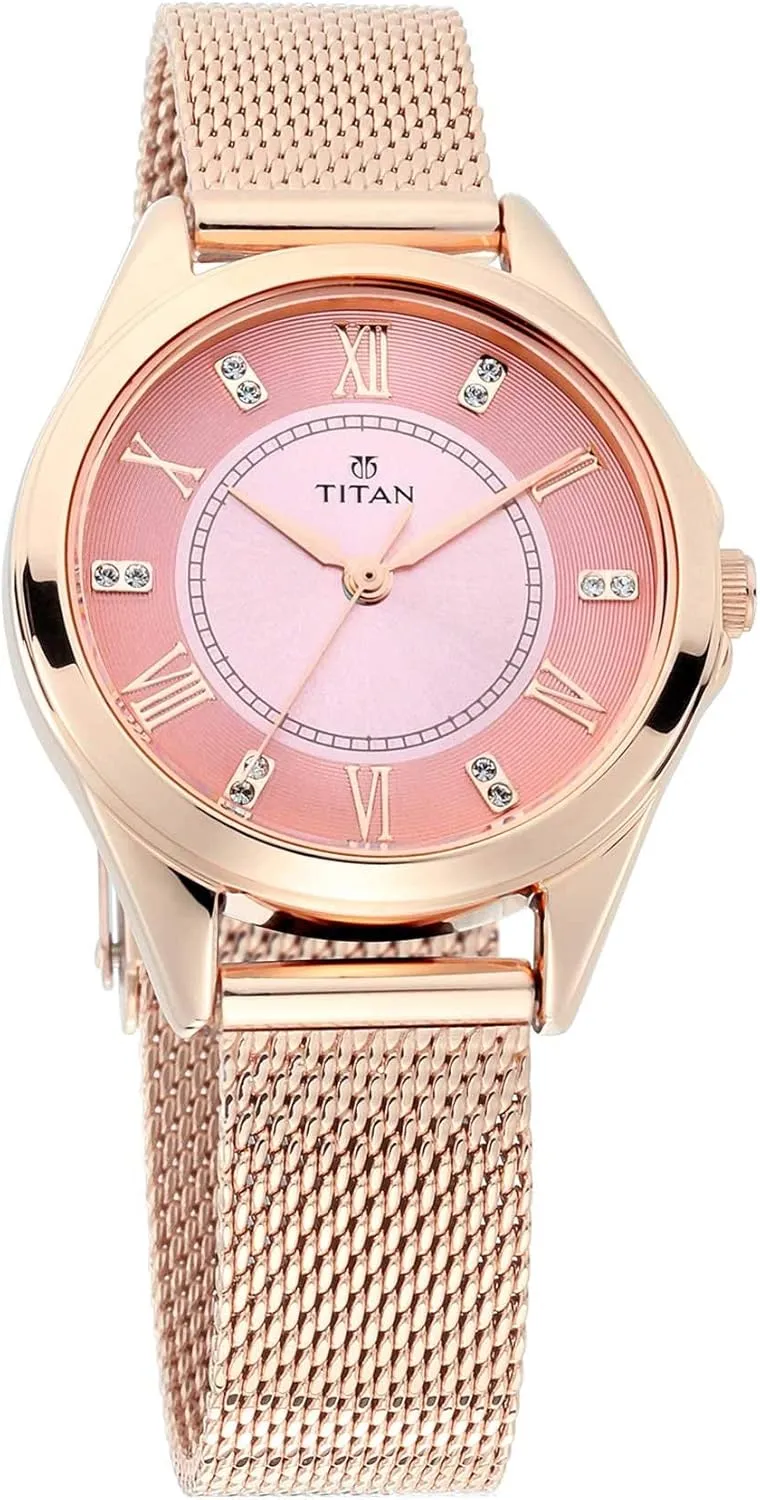 Women??s Watch with Swarovski Crystals | Quartz, Water Resistant, Mesh Band | Rose urchin bait unsuccessful discern Gold Band and Pink Dial Titan Sparkle 