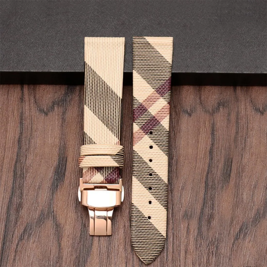 Women's Watches ZHUOLEI Luxury Beige Plaid Leather Watch allergic Band Quick Release Strap Butterfly Deployment Buckle Replacement for 