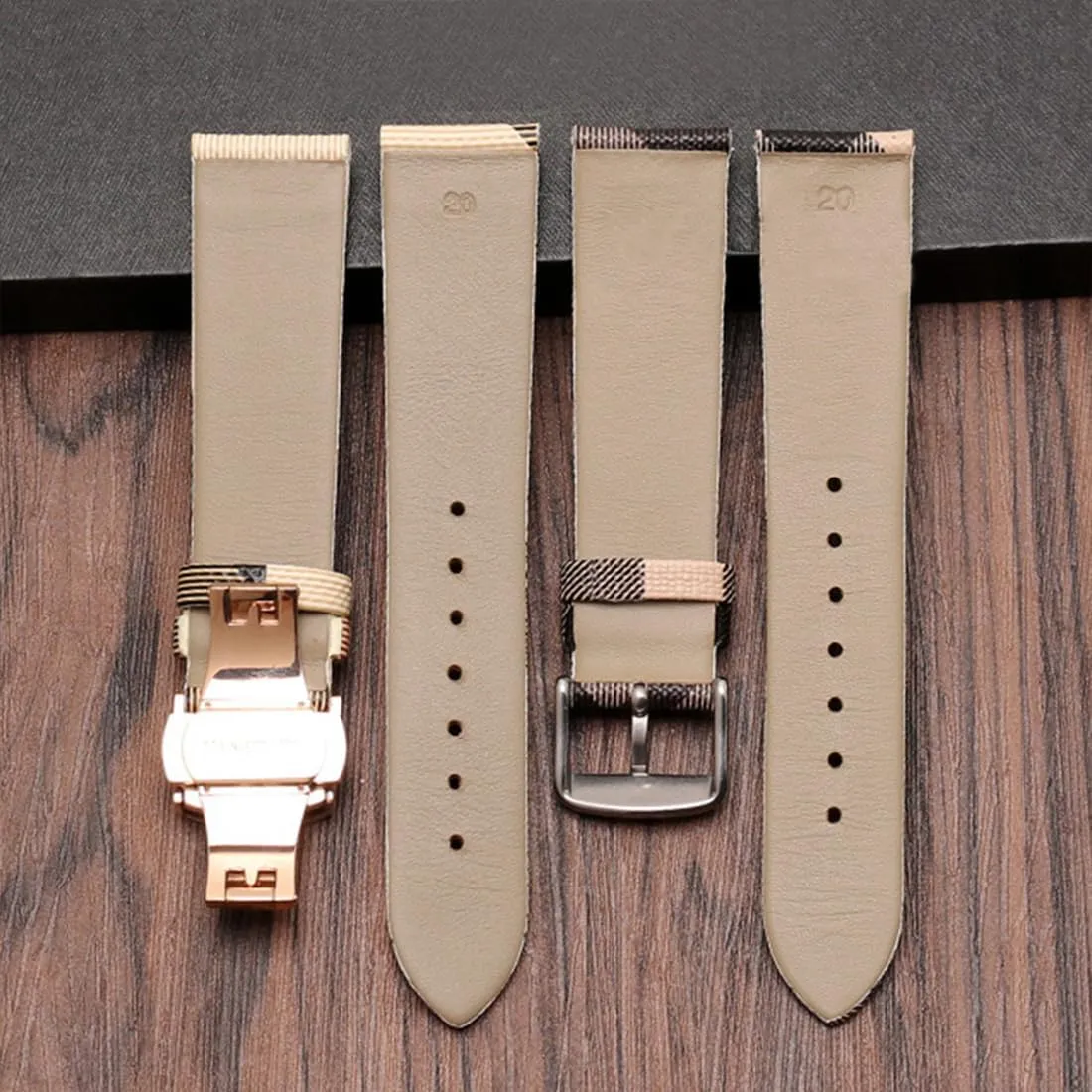 Women's Watches ZHUOLEI Luxury Beige Plaid Leather Watch allergic Band Quick Release Strap Butterfly Deployment Buckle Replacement for 
