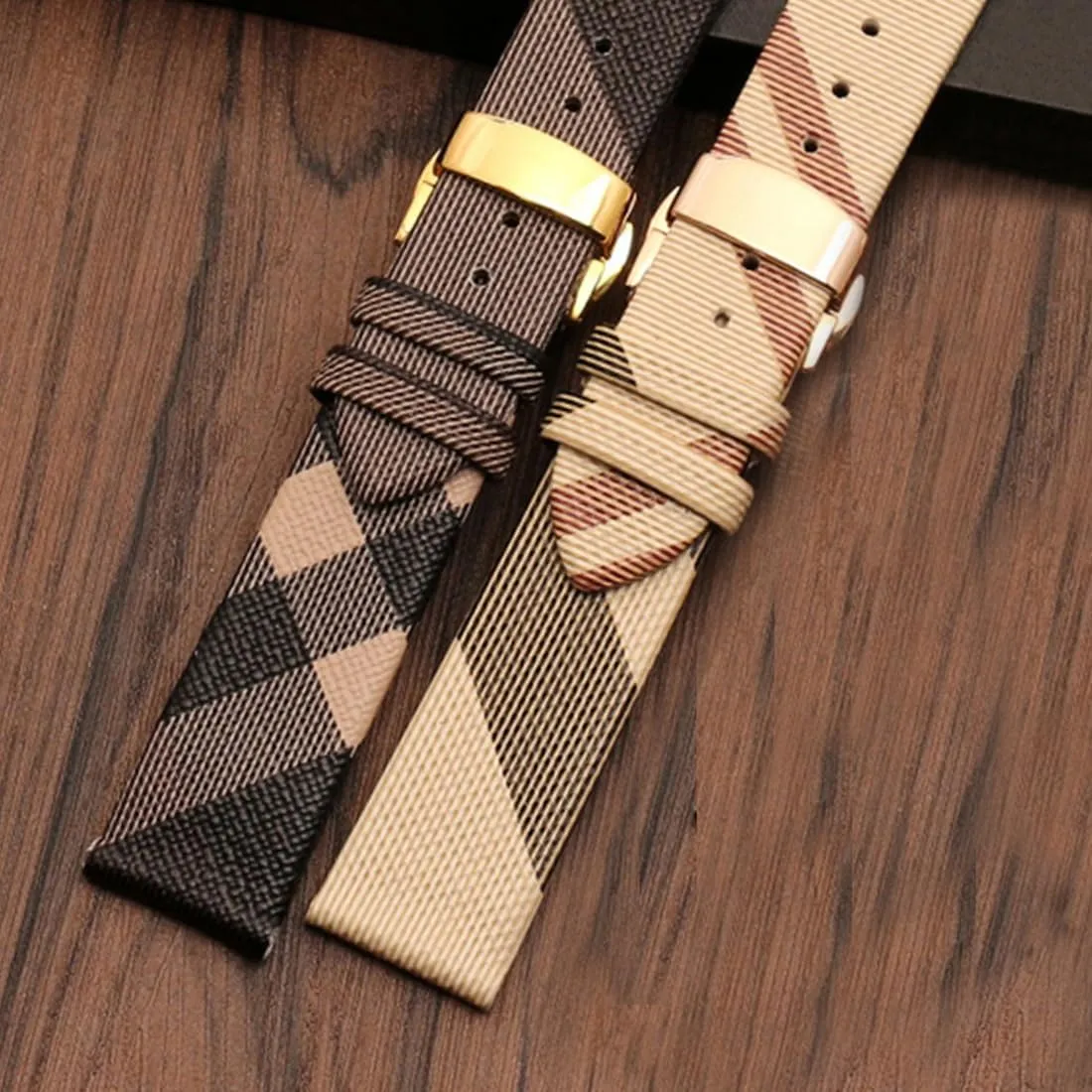 Women's Watches ZHUOLEI Luxury Beige Plaid Leather Watch allergic Band Quick Release Strap Butterfly Deployment Buckle Replacement for 
