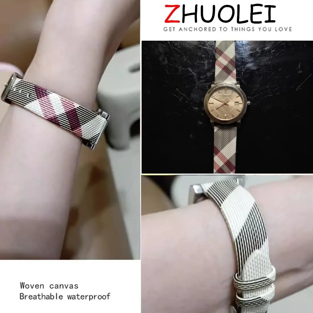 Women's Watches ZHUOLEI Luxury Beige Plaid Leather Watch allergic Band Quick Release Strap Butterfly Deployment Buckle Replacement for 