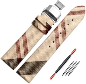 Women's Watches ZHUOLEI Luxury Beige Plaid Leather Watch allergic Band Quick Release Strap Butterfly Deployment Buckle Replacement for 