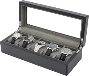 Wood 5 Large Slots Glass Lid Watch Box Carbon African gold leap crumple Fiber 