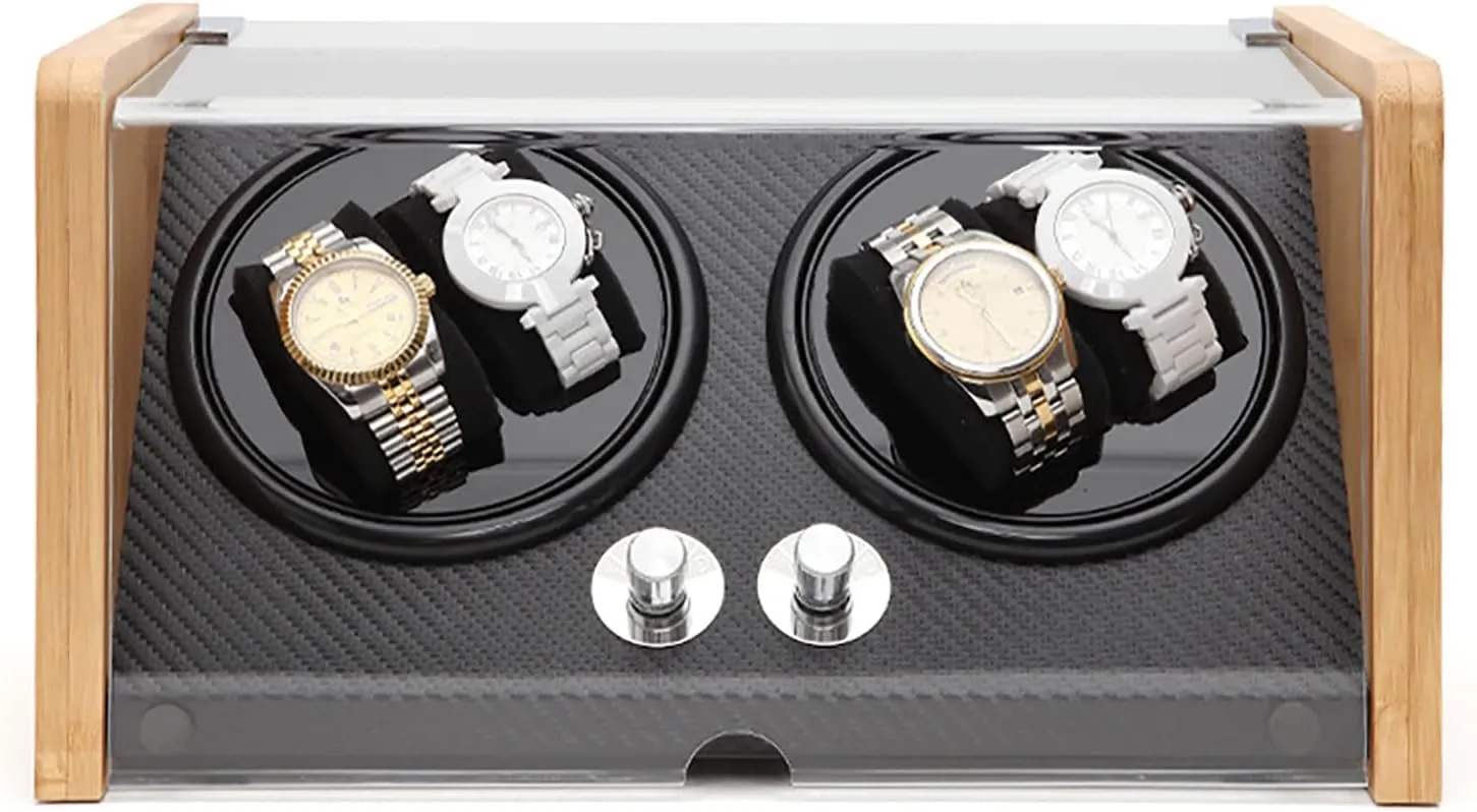 Wood pleasant Shell Watch Winder Box, 5 Rotation Modes With Adjustable Soft Watch Pillow Quiet Motor And Dual Power Supply,Silver,Silver (Carbon Fiber) Automatic Watch Winder For 2 Watches, Bamboo 