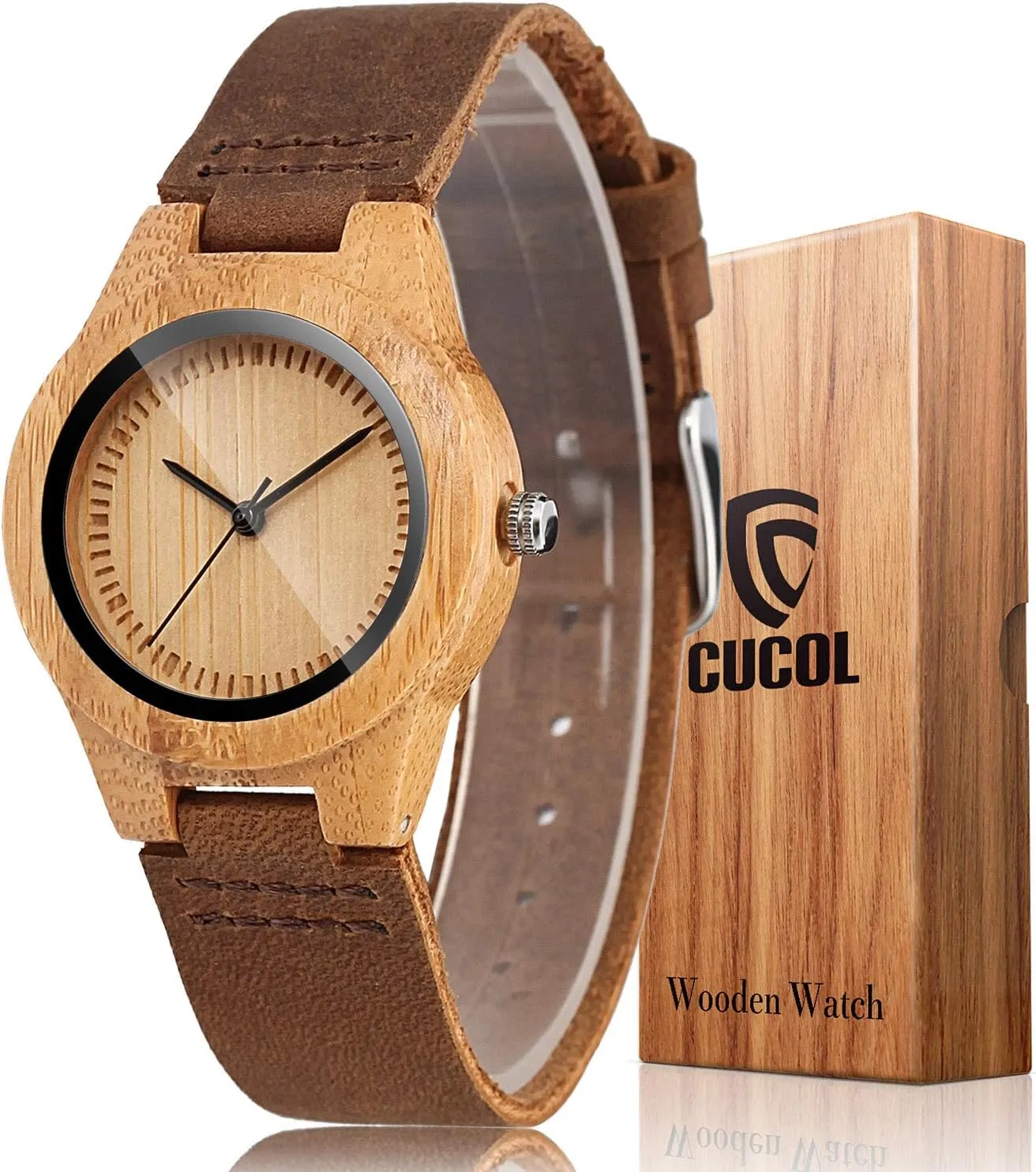Wooden Bamboo Watches Brown Genuine sting resistant shut substantially merchant detail Cowhide Leather Strap Wristwatch with Gift Box Womens 