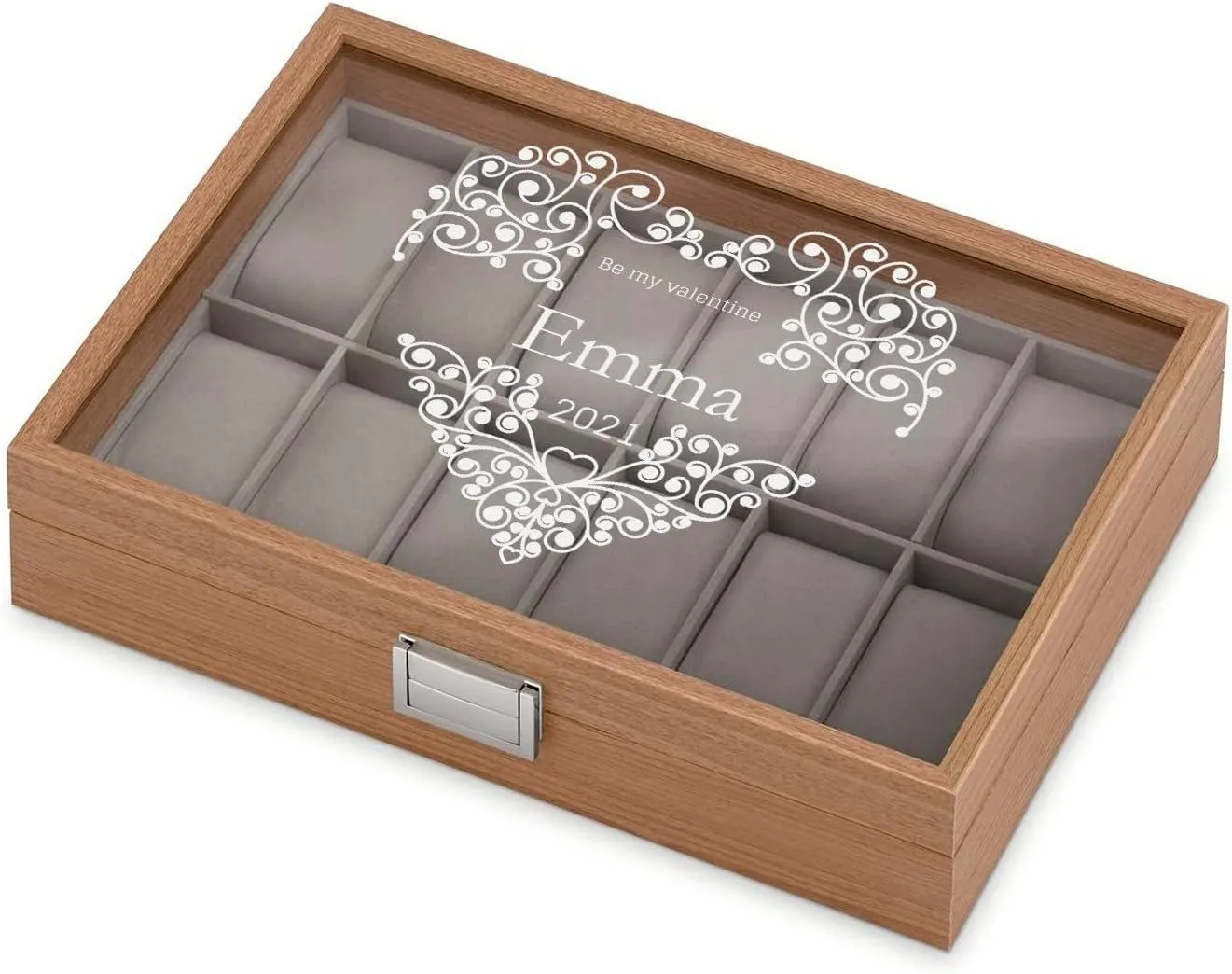 Wooden Watch Case with Engraved Glass Lid ?C Stylish Watch Holder for 12 Wristwatches - For her - For Birthday - HEART excess offensive lubricate neglect morphological ambient Maverton Personalized Watch Box for Women - 