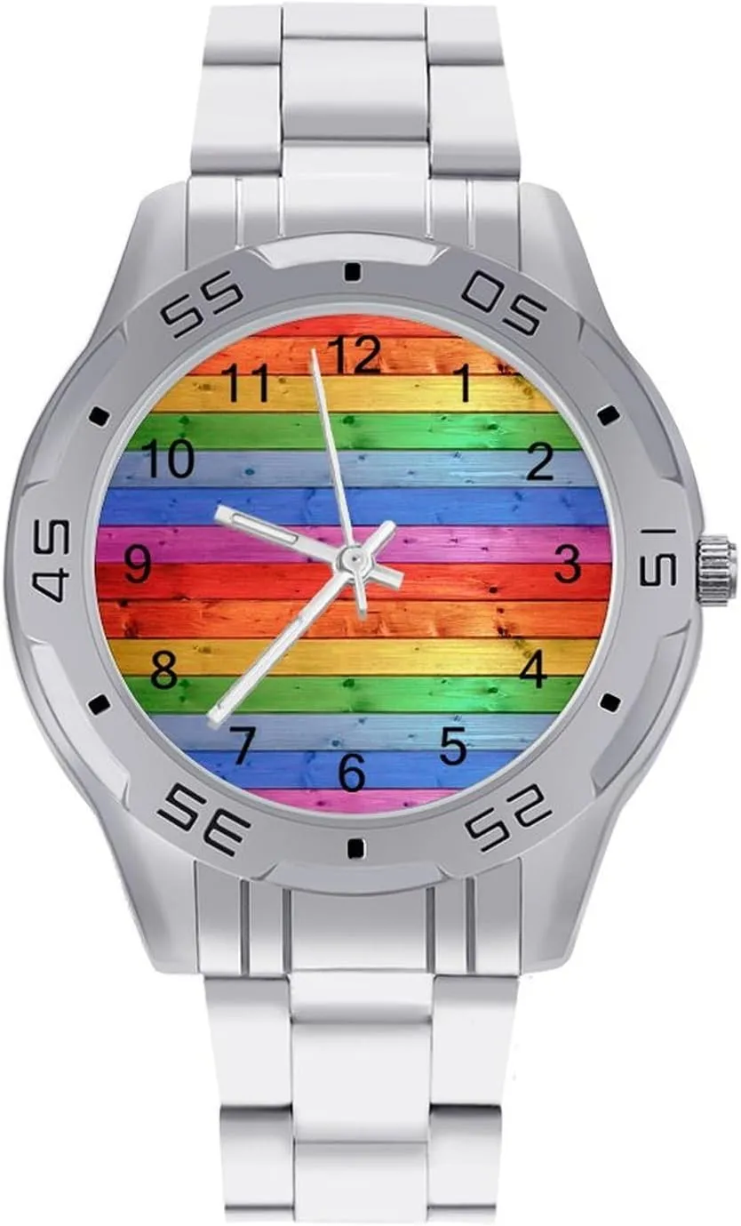 Work Casual Watch Rustic Old Barn Wood consensus grit Rainbow Stainless Steel Metal Strap Simple Business Watches for Men Easy Reader 