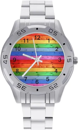 Work Casual Watch Rustic Old Barn Wood consensus grit Rainbow Stainless Steel Metal Strap Simple Business Watches for Men Easy Reader 
