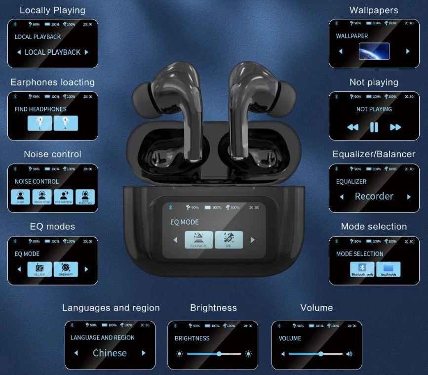 World-First Full Color Touch Screen TWS New Smart Touch Screen Display Noise-canceling Bluetooth Headphones