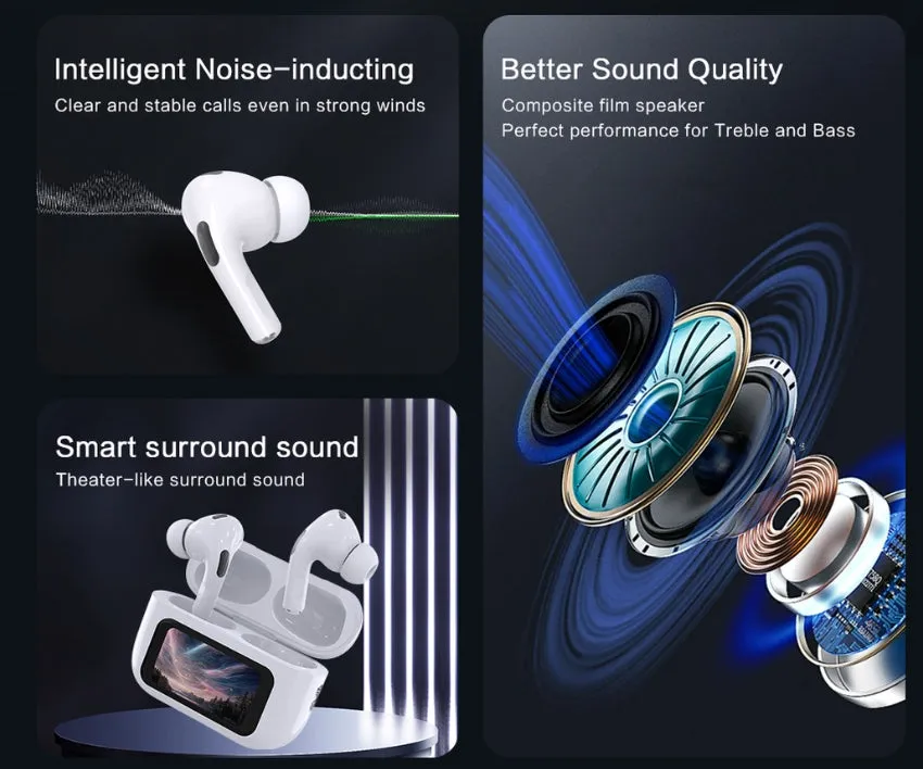 World-First Full Color Touch Screen TWS New Smart Touch Screen Display Noise-canceling Bluetooth Headphones