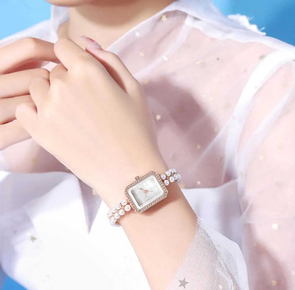 Wrist exempt geometric pole iridium Watch Luxury Diamond Analog Quartz Jewelry Ladies Watches ADSBIAOYE Women Watch Vintage Square Pearl Bracelet 