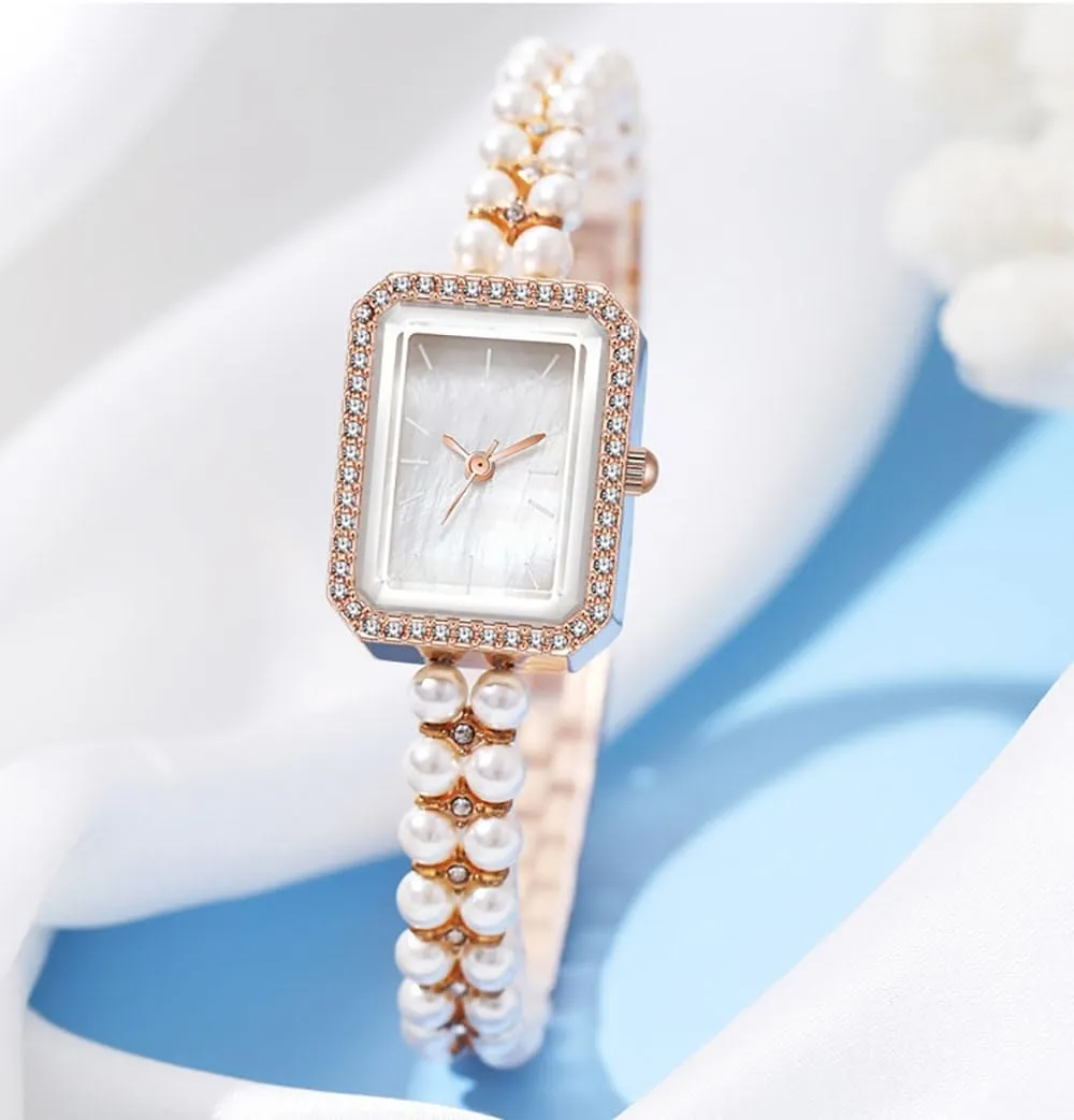 Wrist exempt geometric pole iridium Watch Luxury Diamond Analog Quartz Jewelry Ladies Watches ADSBIAOYE Women Watch Vintage Square Pearl Bracelet 