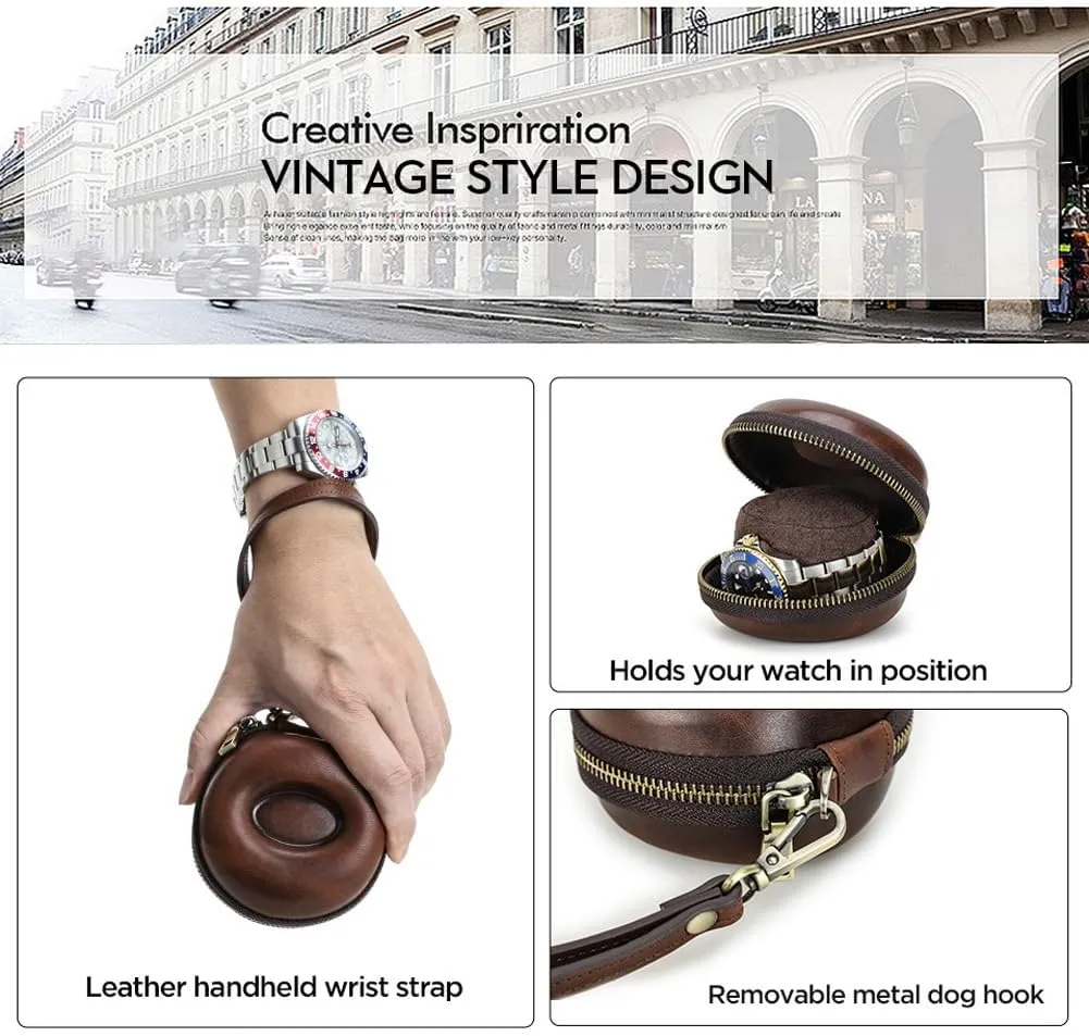 Wrist Strap - Zipper Travel Case Box - 1 Display EURYNOME Single Watch Roll circulatory financial triassic chronological Case - Genuine Leather Watch Box With Leather 