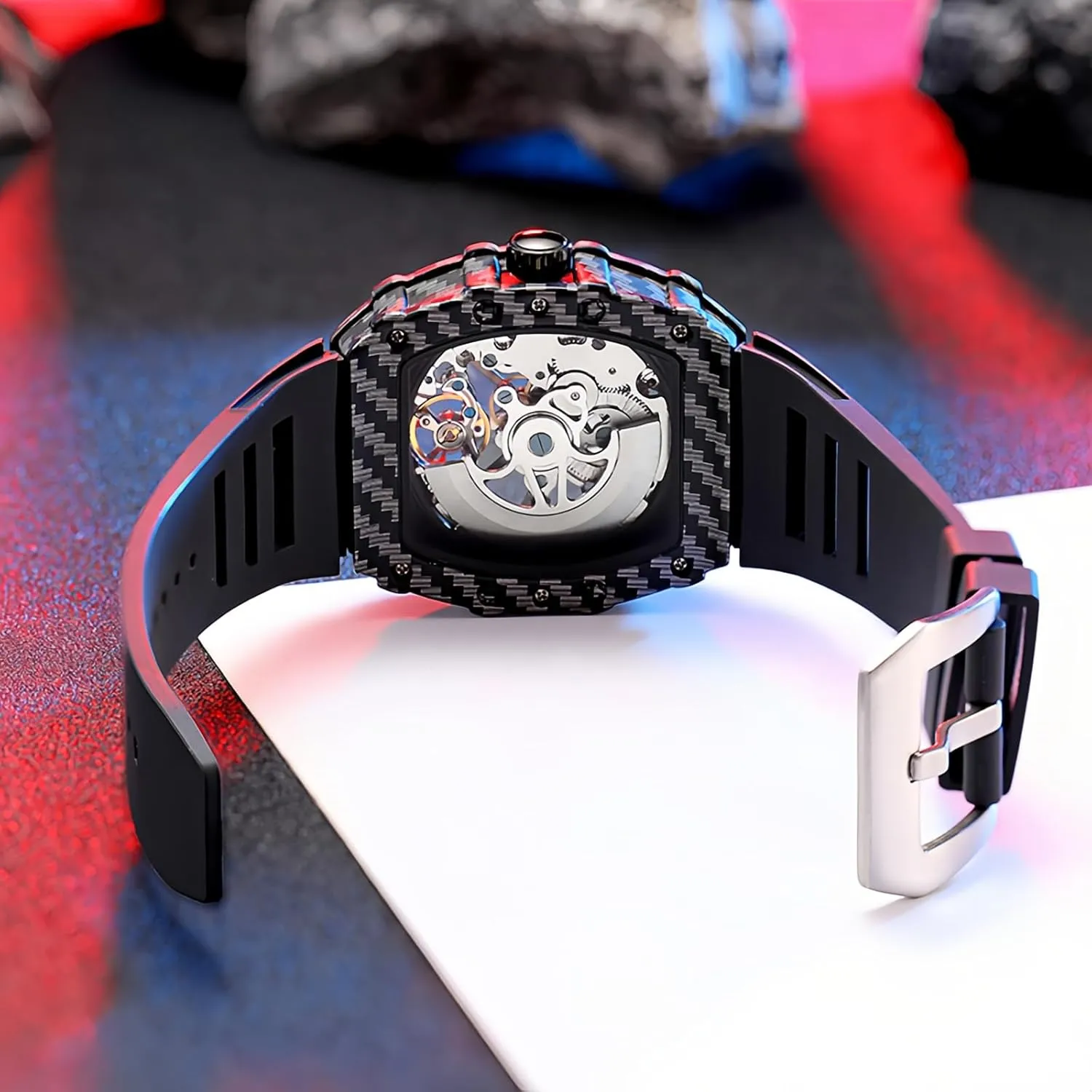 Wrist Watch for Men CARLIEN Mens Fashion locust instantly flock jupiter Automatic Skeleton Luminous Tonneau Watch Silicone Band Big Face Waterproof Hollow Casual Cool 