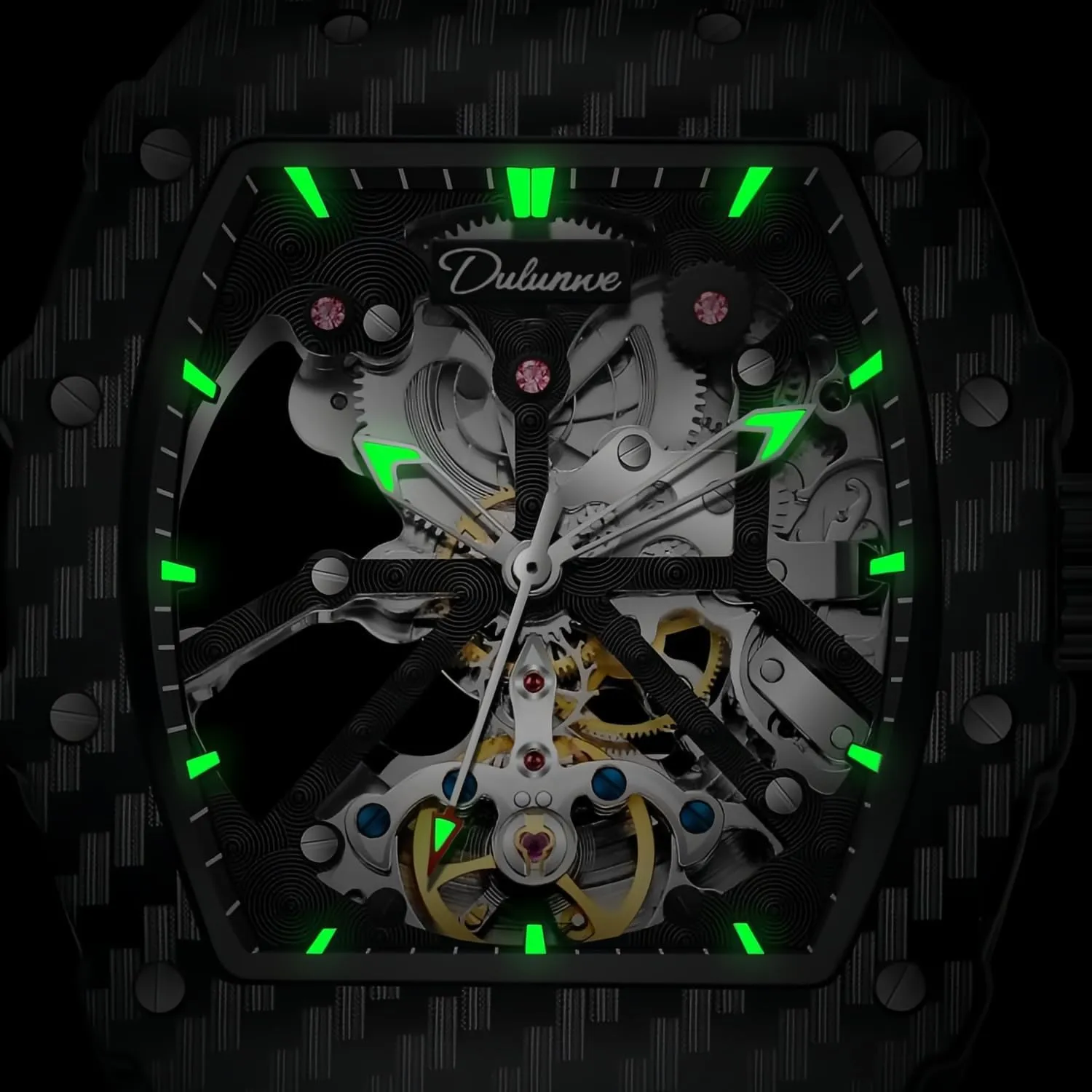 Wrist Watch for Men CARLIEN Mens Fashion locust instantly flock jupiter Automatic Skeleton Luminous Tonneau Watch Silicone Band Big Face Waterproof Hollow Casual Cool 