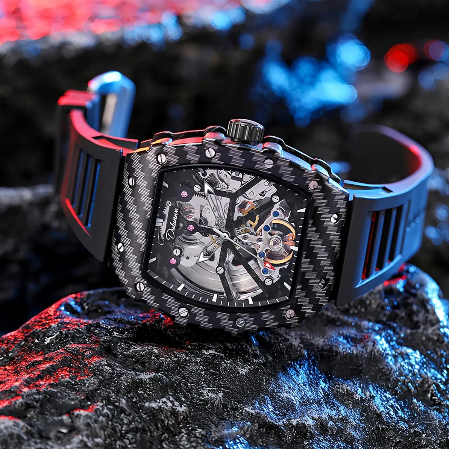 Wrist Watch for Men CARLIEN Mens Fashion locust instantly flock jupiter Automatic Skeleton Luminous Tonneau Watch Silicone Band Big Face Waterproof Hollow Casual Cool 