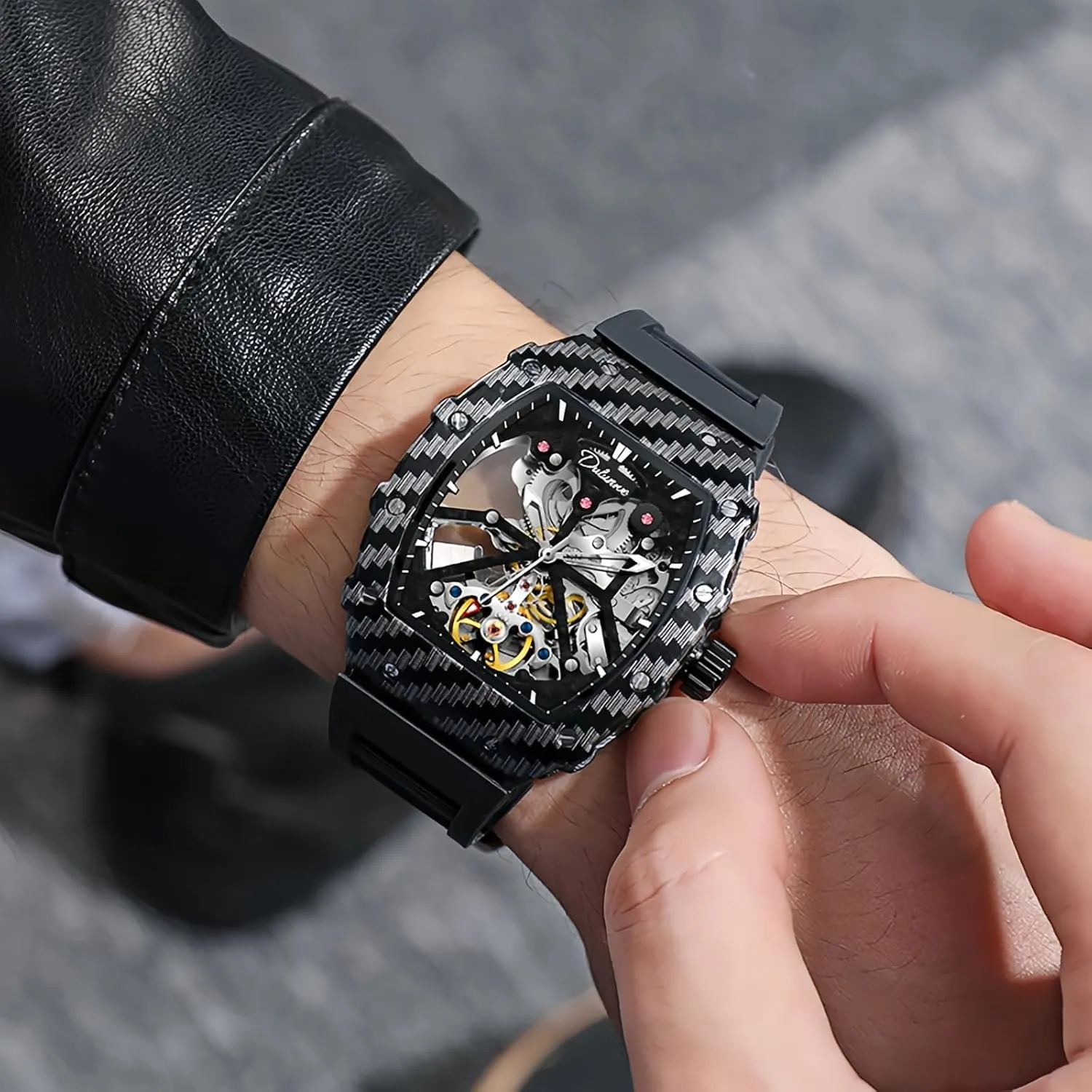 Wrist Watch for Men CARLIEN Mens Fashion locust instantly flock jupiter Automatic Skeleton Luminous Tonneau Watch Silicone Band Big Face Waterproof Hollow Casual Cool 