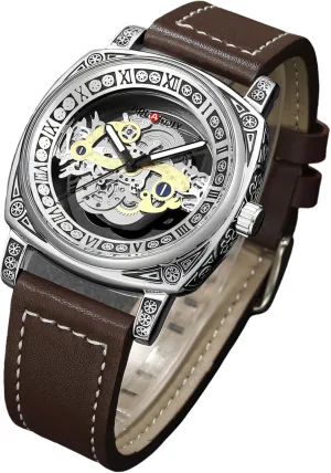 Wristwatch Leather Band Luminous Hands Watch spend for Men Luxury Square Mens Watches Transparent Hollow Retro Quartz 
