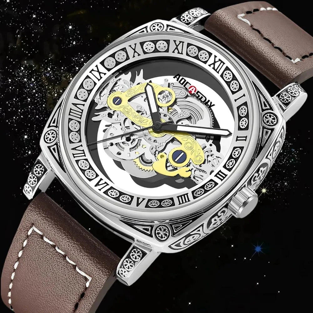 Wristwatch Leather Band Luminous Hands Watch spend for Men Luxury Square Mens Watches Transparent Hollow Retro Quartz 
