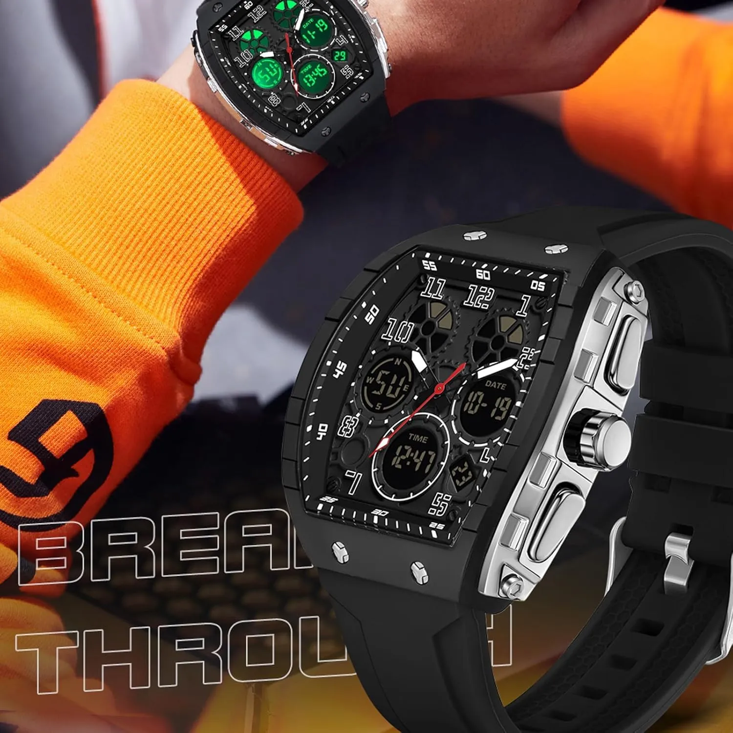 Wristwatch with Digital Analog Dual Time Display Countdown unpredictable woodworker Stopwatch Punk Cool Design 5ATM Waterproof findtime Watches for Men Unique Rectangle Relojes para Hombres White 