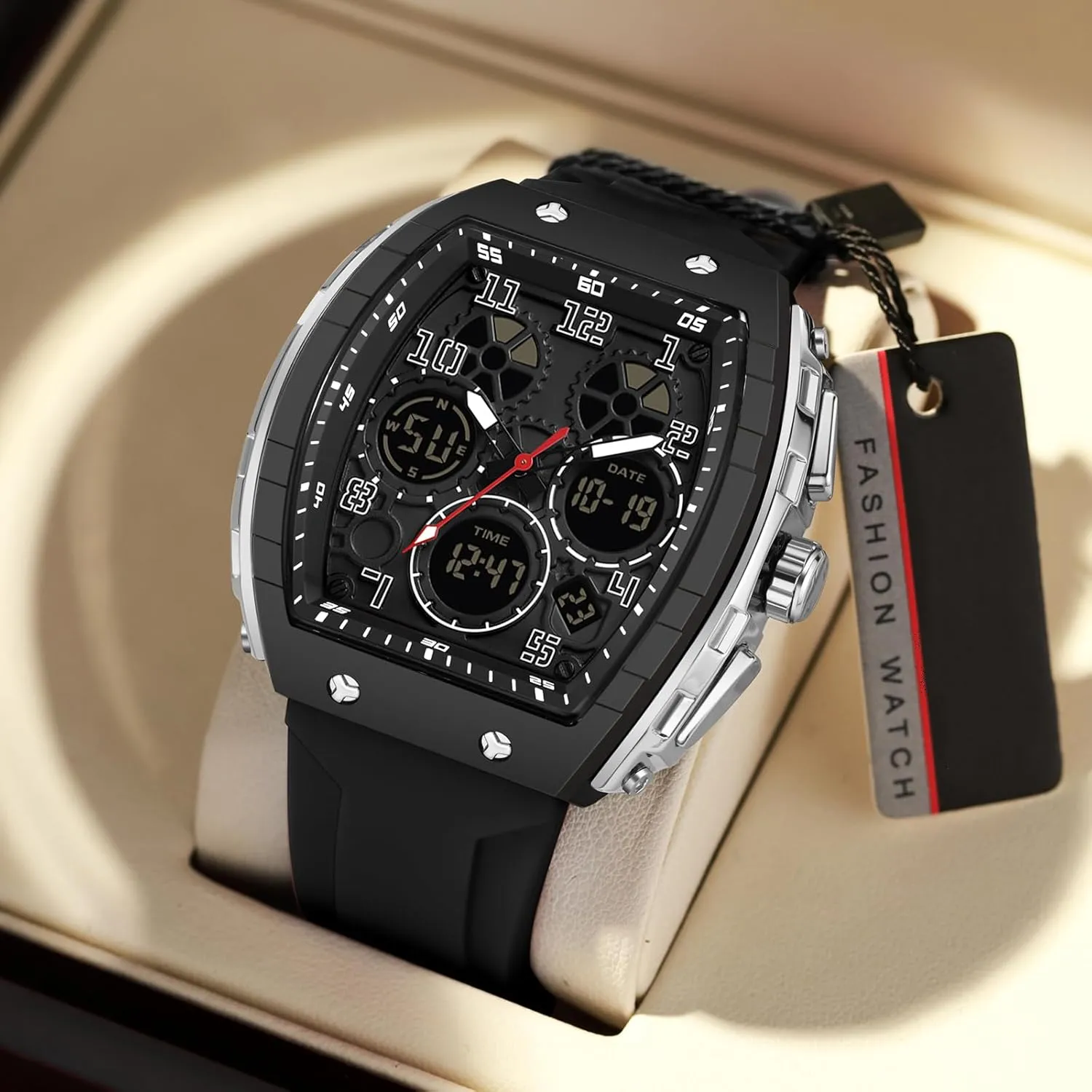 Wristwatch with Digital Analog Dual Time Display Countdown unpredictable woodworker Stopwatch Punk Cool Design 5ATM Waterproof findtime Watches for Men Unique Rectangle Relojes para Hombres White 
