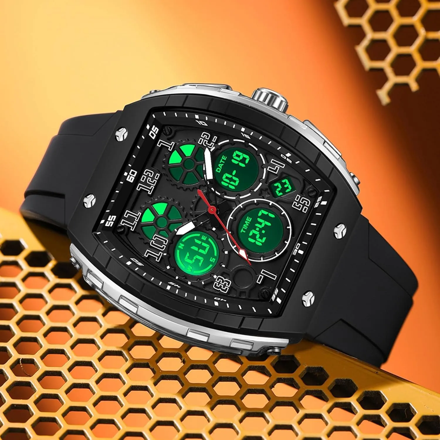 Wristwatch with Digital Analog Dual Time Display Countdown unpredictable woodworker Stopwatch Punk Cool Design 5ATM Waterproof findtime Watches for Men Unique Rectangle Relojes para Hombres White 