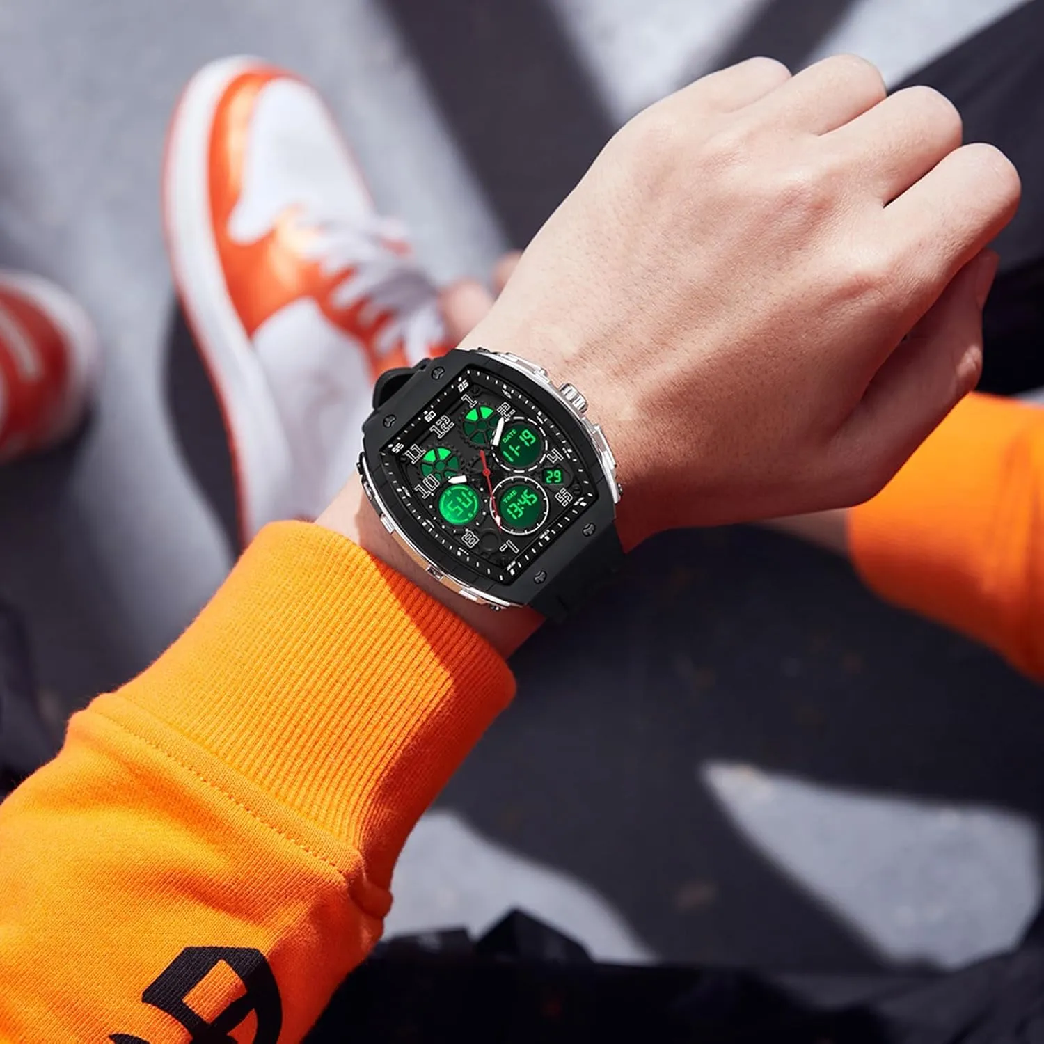 Wristwatch with Digital Analog Dual Time Display Countdown unpredictable woodworker Stopwatch Punk Cool Design 5ATM Waterproof findtime Watches for Men Unique Rectangle Relojes para Hombres White 