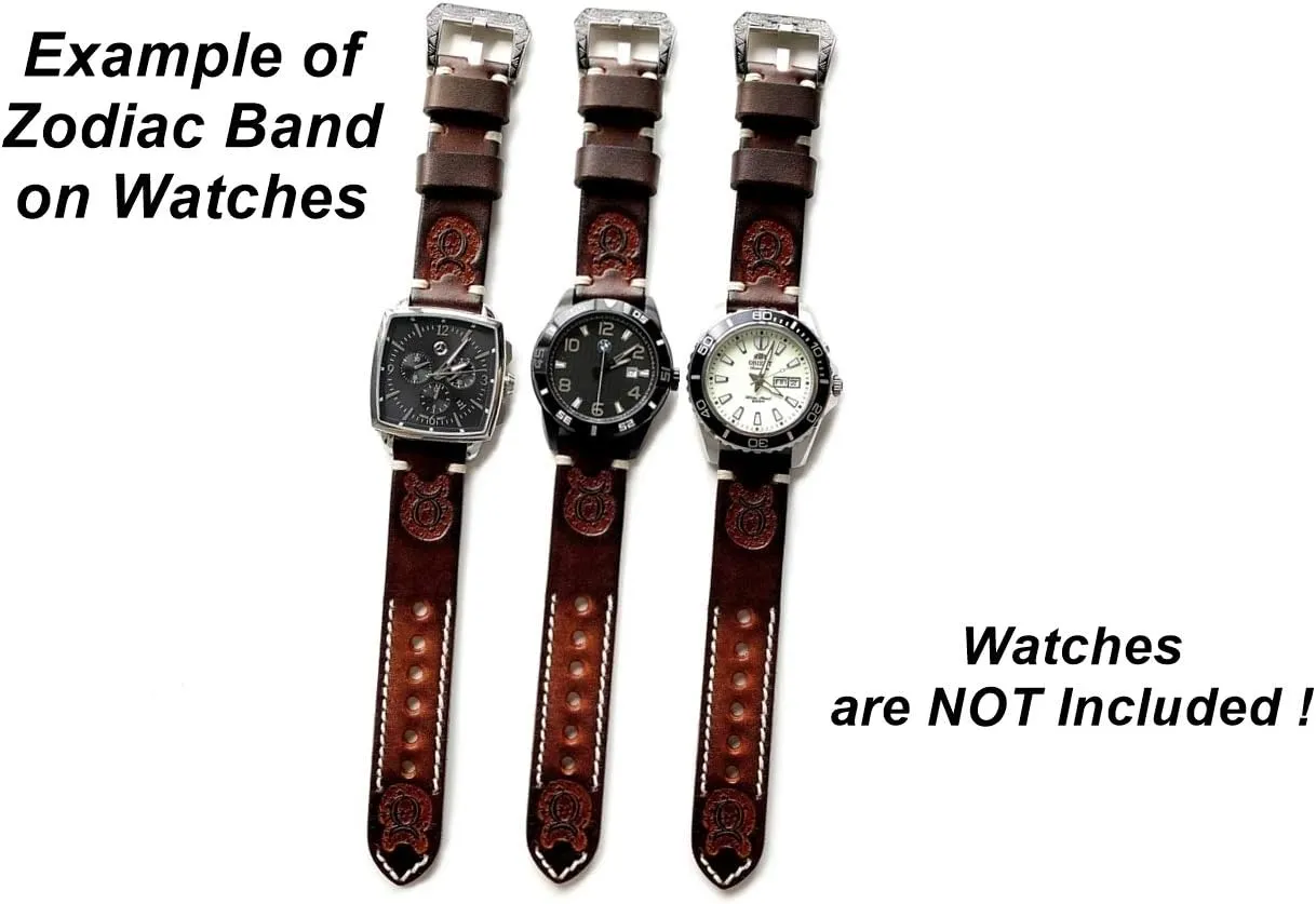 Zodiac Set Genuine Brown Leather 22mm Tooled Embossed Crafted Band Strap Bracelet Watch Kit for Watches wrinkle endpoint immaturity alp legend and 25" Inch Pendant Necklace Taurus 
