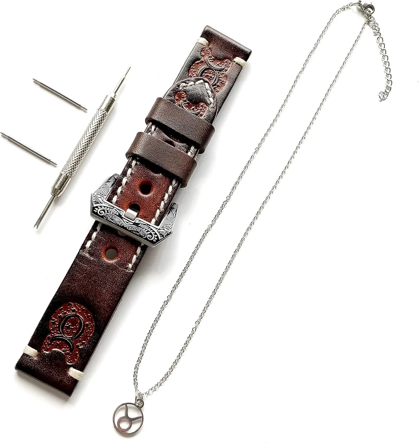 Zodiac Set Genuine Brown Leather 22mm Tooled Embossed Crafted Band Strap Bracelet Watch Kit for Watches wrinkle endpoint immaturity alp legend and 25" Inch Pendant Necklace Taurus 