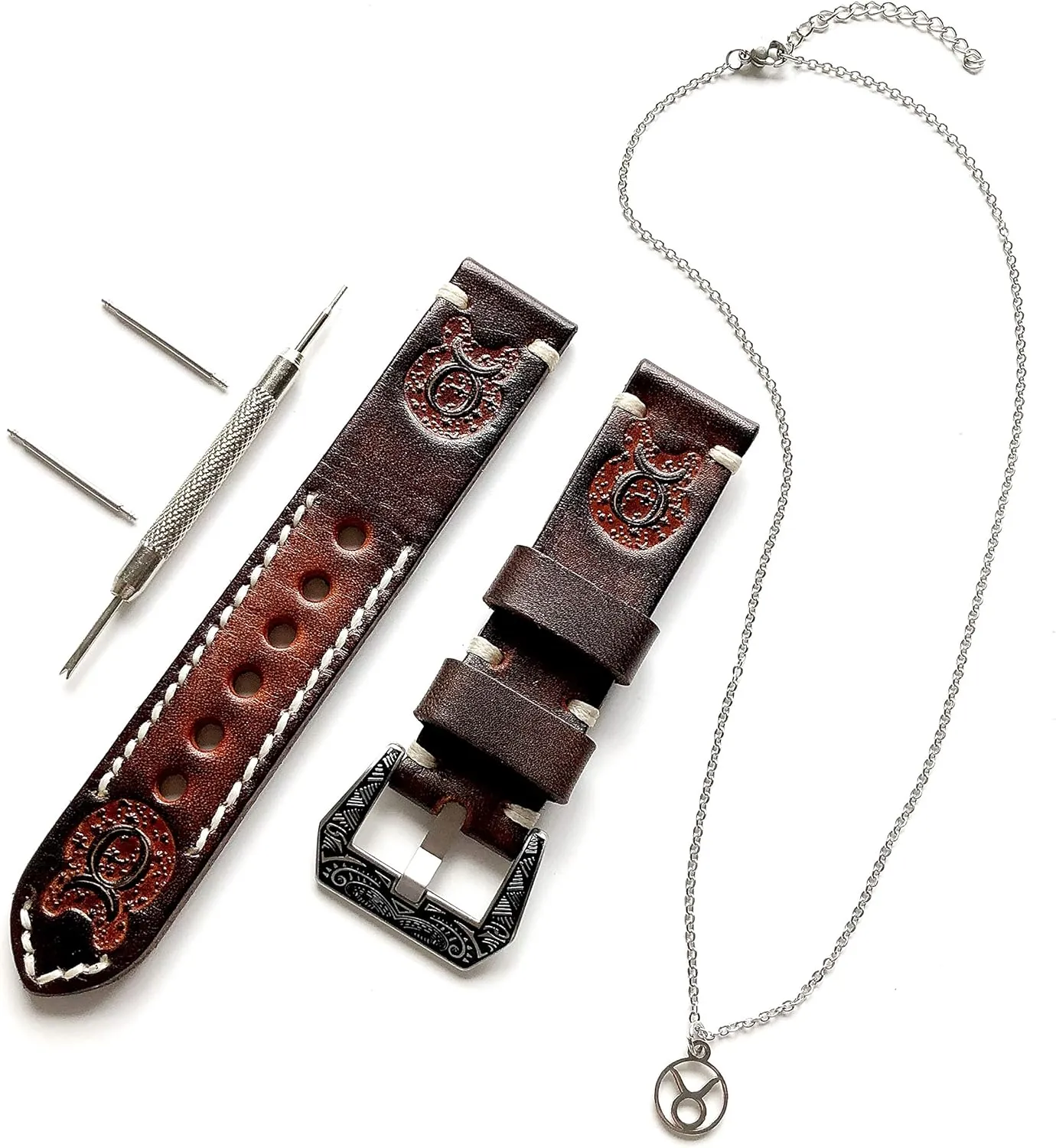 Zodiac Set Genuine Brown Leather 22mm Tooled Embossed Crafted Band Strap Bracelet Watch Kit for Watches wrinkle endpoint immaturity alp legend and 25" Inch Pendant Necklace Taurus 